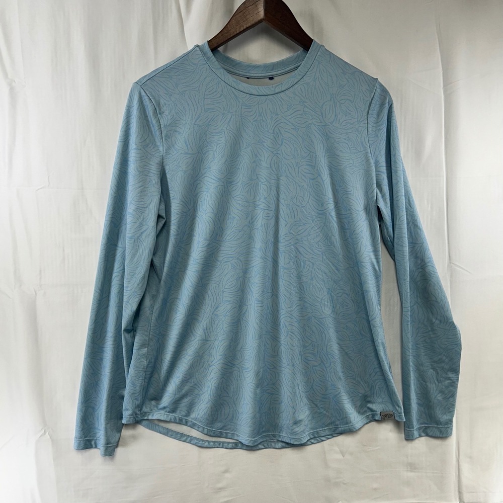 Aftco Performance Shirt Womens Medium Blue Tonal Leaf Long Sleeve Crew Neck